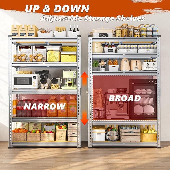 REIBII 5 Tier Garage Shelving for Pantry Garage, Adjustable Storage Shelves | 35.5" W x 11.9" D x 72" H, Holds 2400 Lbs, Silver, 5 Reinforcing Ribs, Steel Frame with Powder Coat, Freestanding
