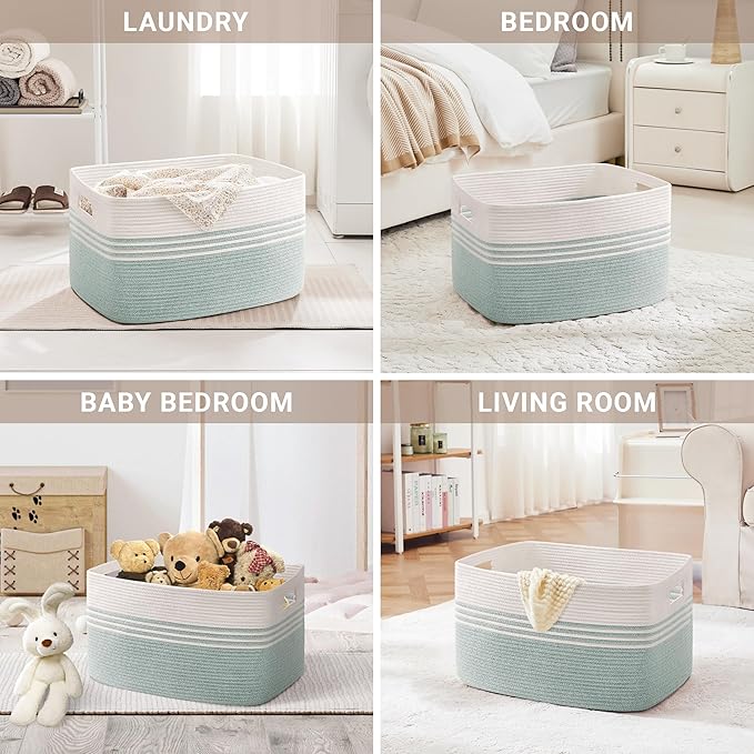 86L Large Woven Laundry Basket Hamper with Handles, Green | collapsible wicker hamper, storage for dirty clothes, toys, blankets, gifts, living room, bedroom, bathroom, 24"x16"x14"
