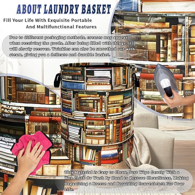 Retro Bookshelf Laundry Basket Oxford Cloth Hamper 18.9"x16.5" | Retro Books Laundry Hamper With Handle Foldable Portable Clothes Storage Laundry Bag For Laundry Room/Bedroom/Bathrooms