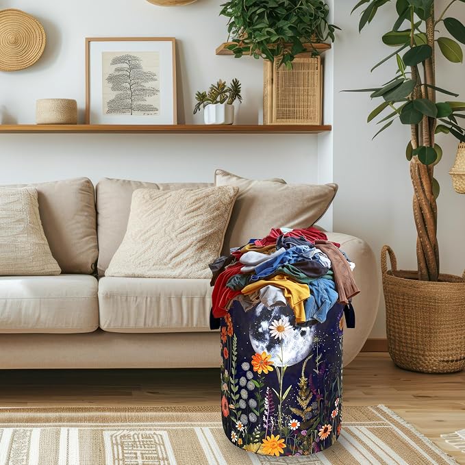 Moon Flowers Laundry Basket Oxford Cloth Hamper18.9"x16.5" | Floral Laundry Hamper With Handle Foldable Clothes Storage Basket Moon Laundry Bag For Laundry Room/Bedroom/Bathrooms
