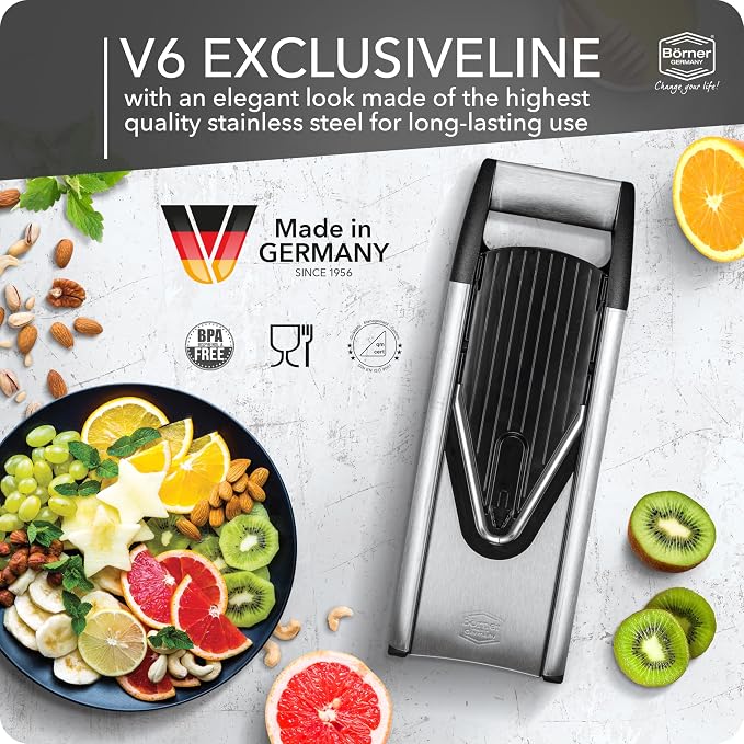 Börner by Reston Lloyd Mandoline Slicer V6 (Professional Set) • Stainless Steel Slicer with V-Blade • Adjustable Kitchen Slicer for Vegetables & Fruits • Various Thicknesses & Grater