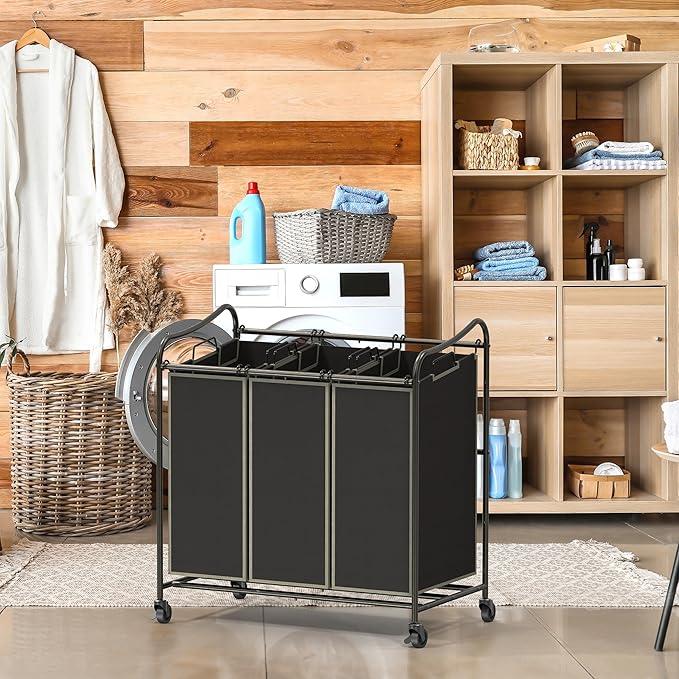 Simple Houseware Heavy Duty 3-Bag Laundry Sorter Rolling Cart, Bronze | Removable Bags and Lockable Wheels for Laundry Room Organization