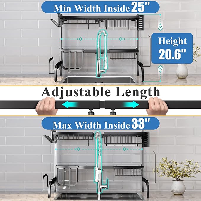 SAYZH Over the Sink Dish Drying Rack, Adjustable (25.5 to 33.5 inch) 2 Tier Metal Steel Dish Drying Racks for Kitchen Counter with Hooks Paper Towel Utensil Cup Holder Sink Caddy (Black)
