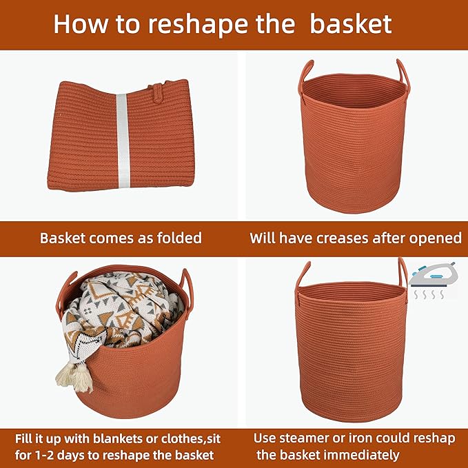 XUANGUO Cotton Rope Laundry Basket Hamper for Clothes Large Rust Red | Baby Nursery Hamper Bin and Woven Storage Basket for Living Room Bedroom Boho Tall Rope Baskets Blankets Toys Pillows Towels