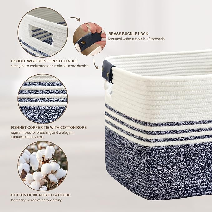 45L Woven Laundry Basket Hamper with Leather Handles,Denim Blue | collapsible wicker hamper, storage for dirty clothes, toys, blankets, gifts, living room, bedroom, bathroom, 18"x14"x11"