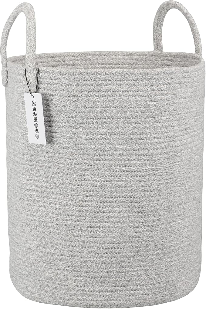 XUANGUO Cotton Rope Laundry Basket Hamper for Clothes Large Light Grey | Baby Nursery Hamper Bin and Woven Storage Basket for Living Room Bedroom Boho Tall Rope Baskets Blankets Toys Pillows Towels