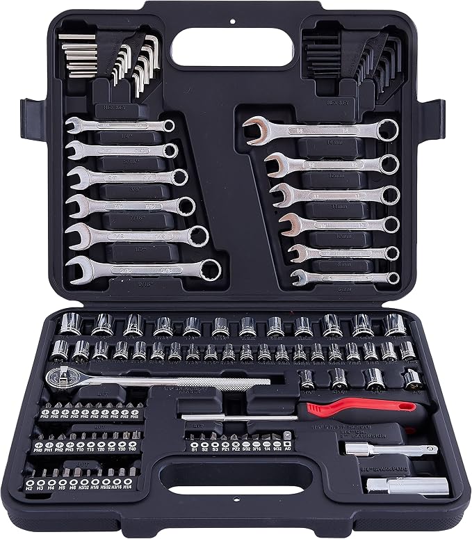 121-Piece Mechanics Tool Set, 1/4 & 3/8-Inch Drive | Metric and standard SAE socket wrench kit. General automotive repair hand tool set for car mechanics and garage DIY