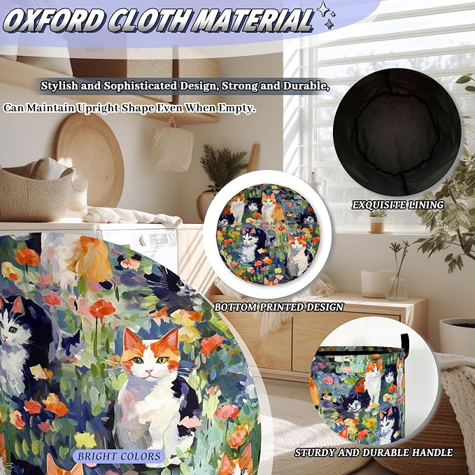 Watercolor Cats Laundry Hamper Oxford Cloth Basket 18.9"x16.5" | Foldable Cute Animal Cat Laundry Basket With Handle Portable Clothes Storage Organizer Bag For Laundry Room/Bathroom/Bedroom