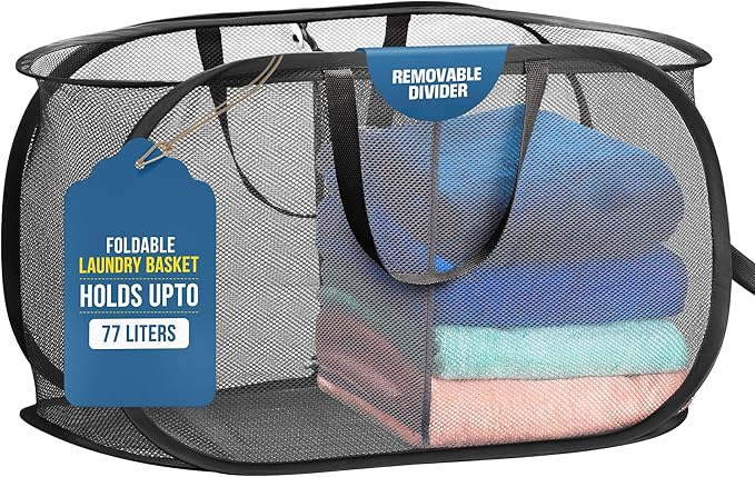 Handy Laundry Pop Up Laundry Hamper 2-Compartment, Divided 77L Mesh | Divided Basket with Handles, Collapsible Foldable Flat, Breathable Ventilated, Sorting Bin for Dorm, Travel, Home, Black