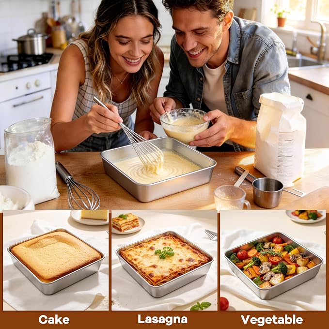 LIANYU 9 x 9 Inch Square Baking Pan, 2 Pack Stainless Steel Square Cake Pan Set with Lid, Metal Baking Dishes for Bread Lasagna Brownie Cookie, Oven & Dishwasher Safe (2 Pans + 2 Lids)