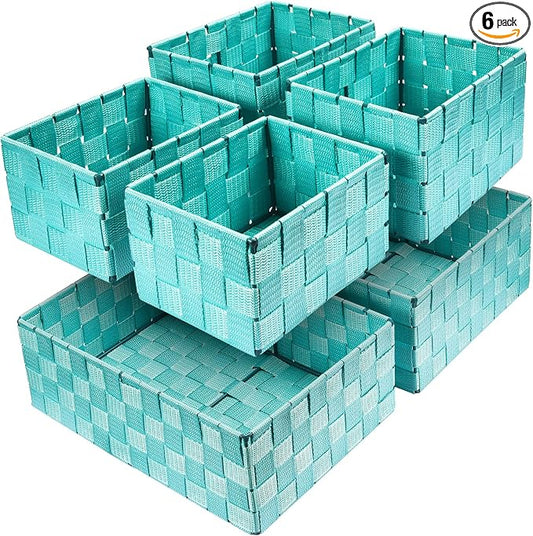 Woven Storage Baskets, Storage Bins, Cube Basket Container Baskets Storage Boxes Organizers for Clothes/Shelves/Closet, Set of 6 (Aqua)
