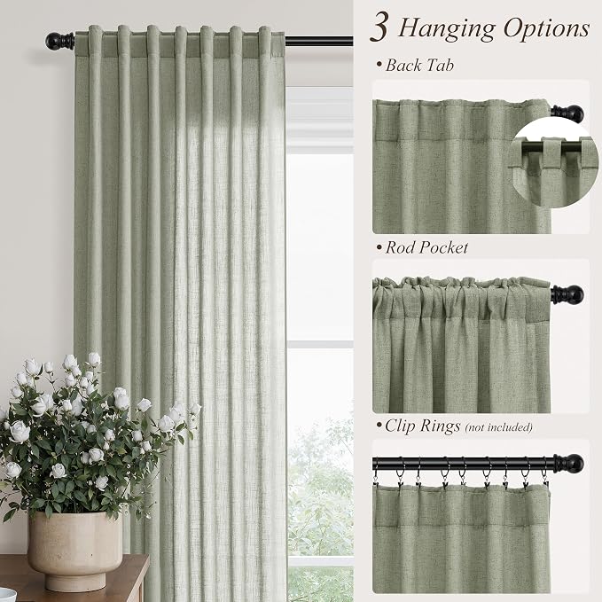Hokibero Sage Green Linen Curtains 120 Inches Long Drapes for Living Room | Light Filtering Sheer Curtain 2 Panels, Back Tab Pocket Pleated Look, Green Privacy Drape for Bedroom Window, Boho Farmhouse