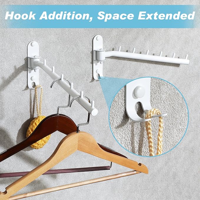 Alise Wall Mounted Drying Rack with Hook,Swivel Clothes Hanger,White,2 Pcs | Space Saving Wall Rack for Clothes,Heavty Duty Stainless Steel Clothes Wall Drying Rack for Laundry Closet Bedroom/Bathroom