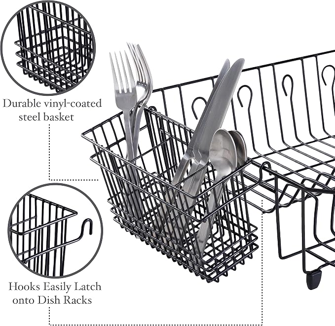 Kitchen Details Cutlery Basket | Hanging | Attach to Standard Dish Drying Rack | Utensil Caddy | Vinyl Coated | 3 Compartment | Black