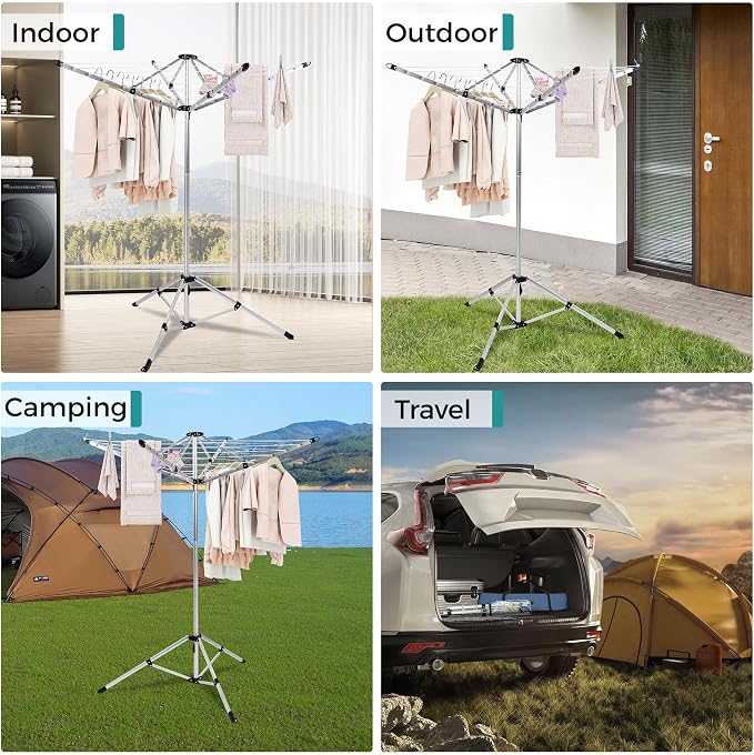 CROS Indoor Outdoor 4-Arm Umbrella Clothes Drying Rack, 65 FT Rotary Laundry Airer with 28 Vinyl Lines, Freestanding Tripod Base, Rust-Resistant Aluminum Dryer for Home, Yard & Balcony