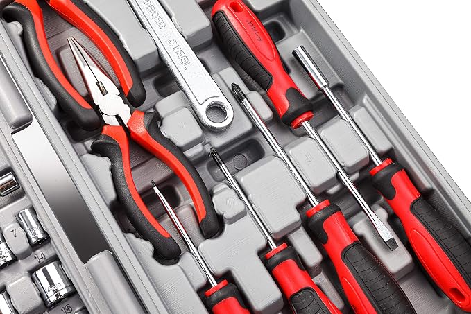 CARTMAN 205-Piece Ratchet Wrench Tool Set, SAE/Metric Socket Kit Carry Case | Professional ratchet wrench and socket assortment for car jobs, mechanics, DIY projects, home fixes, and general maintenance.