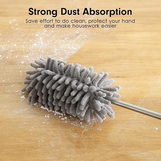 Duster for Cleaning, 10-29" Extension Pole, 2 Washable Heads, Grey | Microfiber Heads, Wet Or Dry, Detachable, Hand Washable, Easy Storage, For Cars, Offices, Windows, Furniture And Ceiling Fans