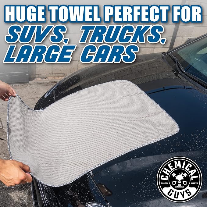 Chemical Guys Waffle Weave Gray Matter Microfiber Drying Towel - 25" x 36", Premium Blend Microfiber Towel with Soft-Banded Edging for Scratch-Free Car Drying, Ultra Absorbent | Waffle-weave towel with soft-banded edges soaks up sheeting water for a fa...