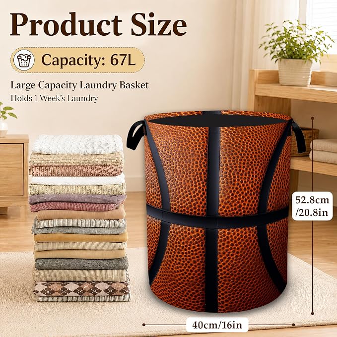 Basketball Texture Laundry Basket with Handles, Foldable Tall Oxford Clothes Hamper, Lightweight Water-Resistant Storage Bin for Bedroom Bathroom College Dorm, 16 x 20.8 Inch