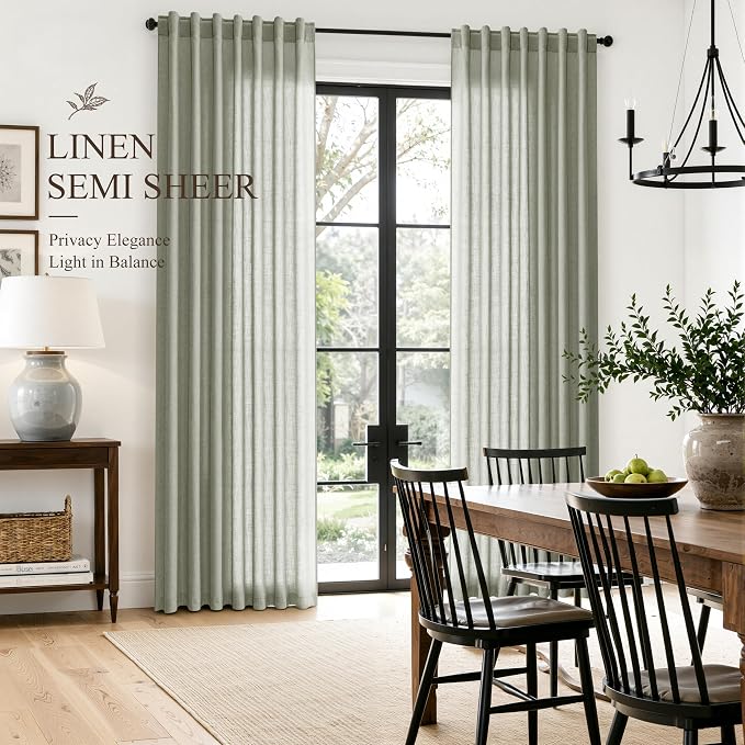 Hokibero Sage Green Linen Curtains 84 Inches Long Drapes for Living Room | Light Filtering Sheer Curtain 2 Panels, Back Tab Pocket Pleated Look, Green Privacy Drape for Bedroom Window, Boho Farmhouse