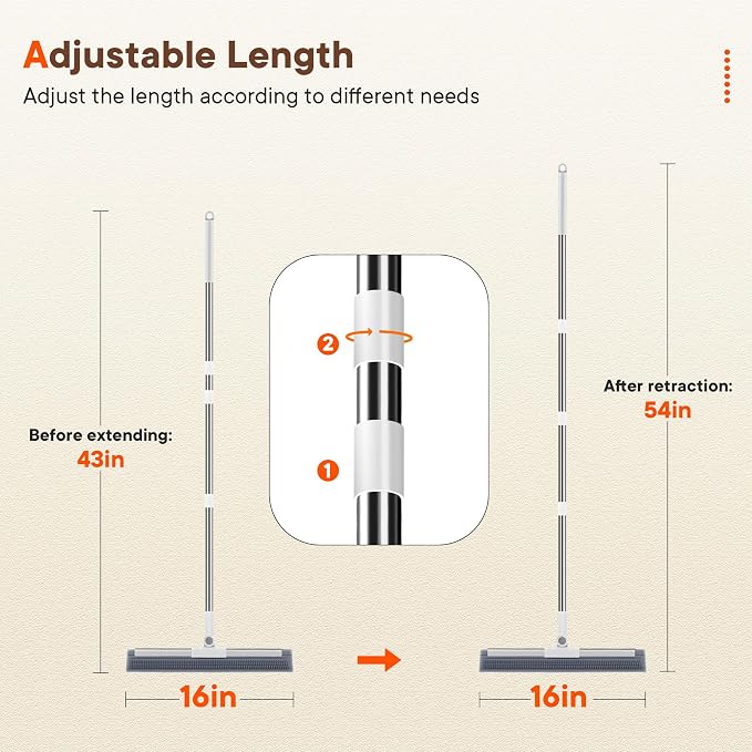 Floor Squeegee for Concrete Floors, 180° Rotating Silicone Broom, Squeegee for Floor with Long Handle and Dual-Sided Blade Design, Water and Pet Hair Remover for Bathroom Floors, Tile, Deck and Glass