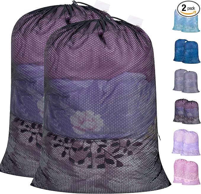 2 Pack Heavy Duty Diamond Mesh Laundry Bag, 24x36", Black | Drawstring & ID Tag, Breathable Mesh, Machine Washable, Commercial Grade, , For College Dorms, Travel, Sports Equipment