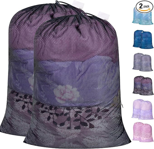 2 Pack Heavy Duty Diamond Mesh Laundry Bag, 24x36", Black | Drawstring & ID Tag, Breathable Mesh, Machine Washable, Commercial Grade, , For College Dorms, Travel, Sports Equipment