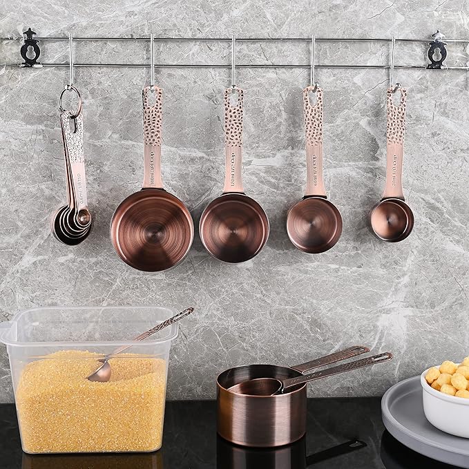 Measuring Cups and Spoons Set 14, Copper Measuring Cups and Spoons Set for Dry & Liquid, Metric & US Stainless Steel 6 Measure Cups and 7 Spoons Set w/Leveler for Kitchen & Baking