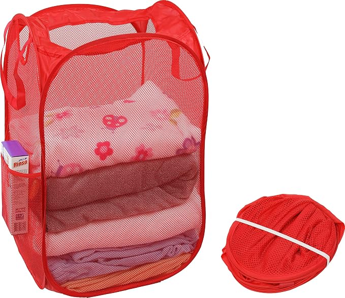 Simple Houseware Mesh Pop-Up Laundry Hamper with Side Pocket, 2 Pack, Red