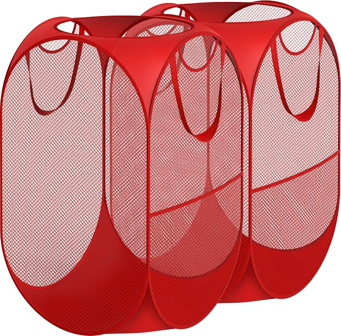 Simple Houseware Mesh Pop-Up Laundry Hamper with Side Pocket, 2 Pack, Red