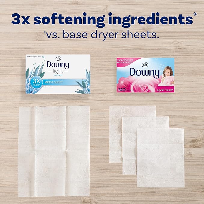 Downy Light Mega Dryer Sheets, Laundry Fabric Softener, Ocean Mist, 130 Count