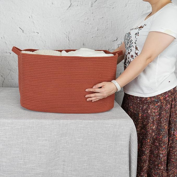 XUANGUO Large Rectangle Woven Cotton Rope Blanket Basket 22"x17"x12" Rustic | Storage basket for nursery and living room; toy basket for kids, dog toy storage, or laundry basket for clothes and towels.