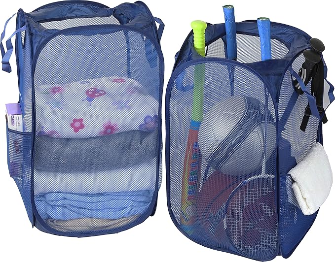 Simple Houseware Mesh Pop-Up Laundry Hamper with Side Pocket, 2 Pack | Dark Blue
