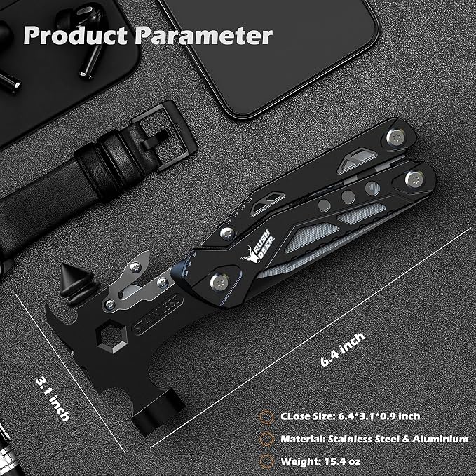 Rush Deer Camping Essentials Multitool,16 in 1 Multi Tool Survival Gear with Hammer, Pliers, Knife, Screwdrivers, Bottle Opener & Car Safety Hammer, for Camping, Hiking, Gift for Dad Him