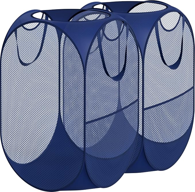 Simple Houseware Mesh Pop-Up Laundry Hamper with Side Pocket, 2 Pack | Dark Blue