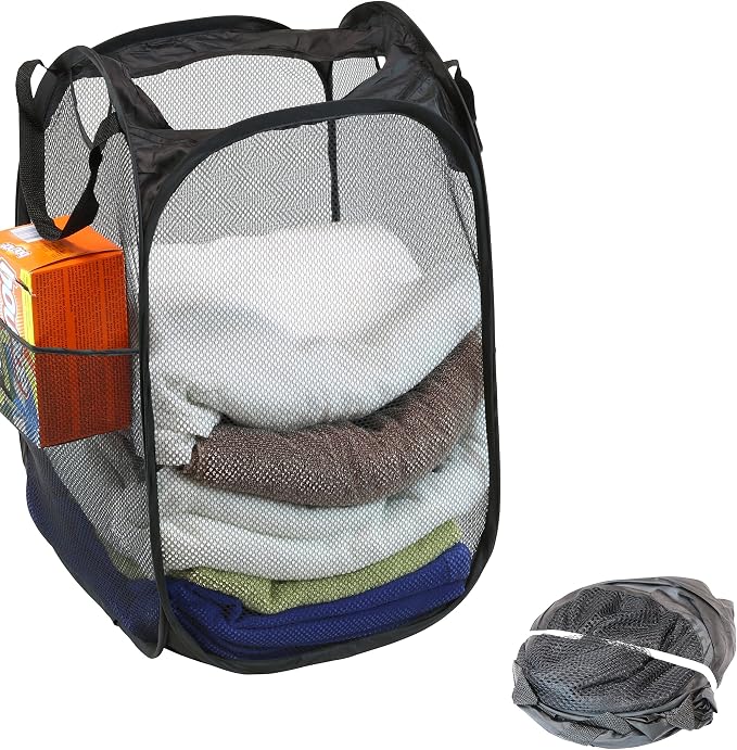 Simple Houseware Mesh Pop-Up Laundry Hamper with Side Pocket, 2 Pack, Black