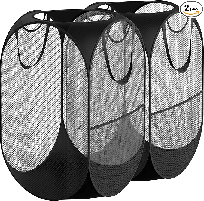 Simple Houseware Mesh Pop-Up Laundry Hamper with Side Pocket, 2 Pack, Black