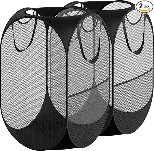 Simple Houseware Mesh Pop-Up Laundry Hamper with Side Pocket, 2 Pack, Black