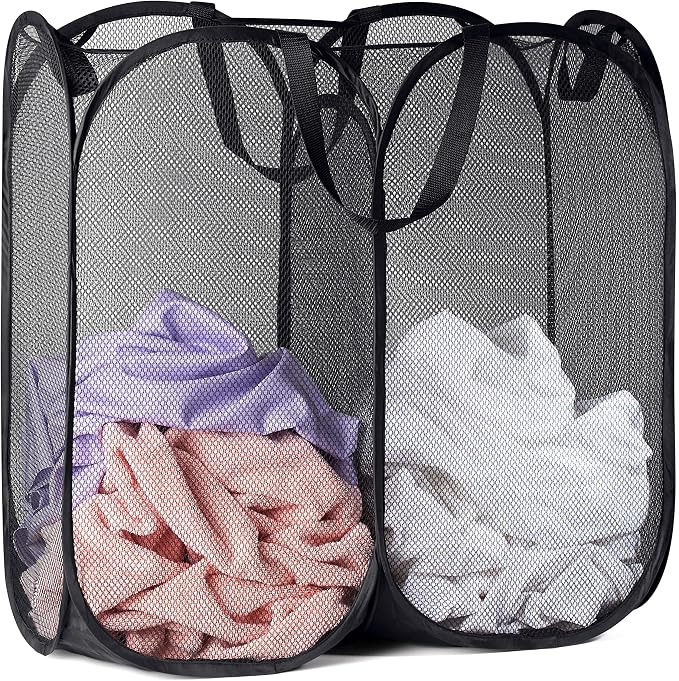 Handy Laundry Double Pop Up Hamper, 2 Section Mesh Basket, Black | Collapsible Laundry Basket, 44 Gal Foldable Divided Sorter, Reinforced Handles, Dual Compartment for Dorm, Travel, Apartment